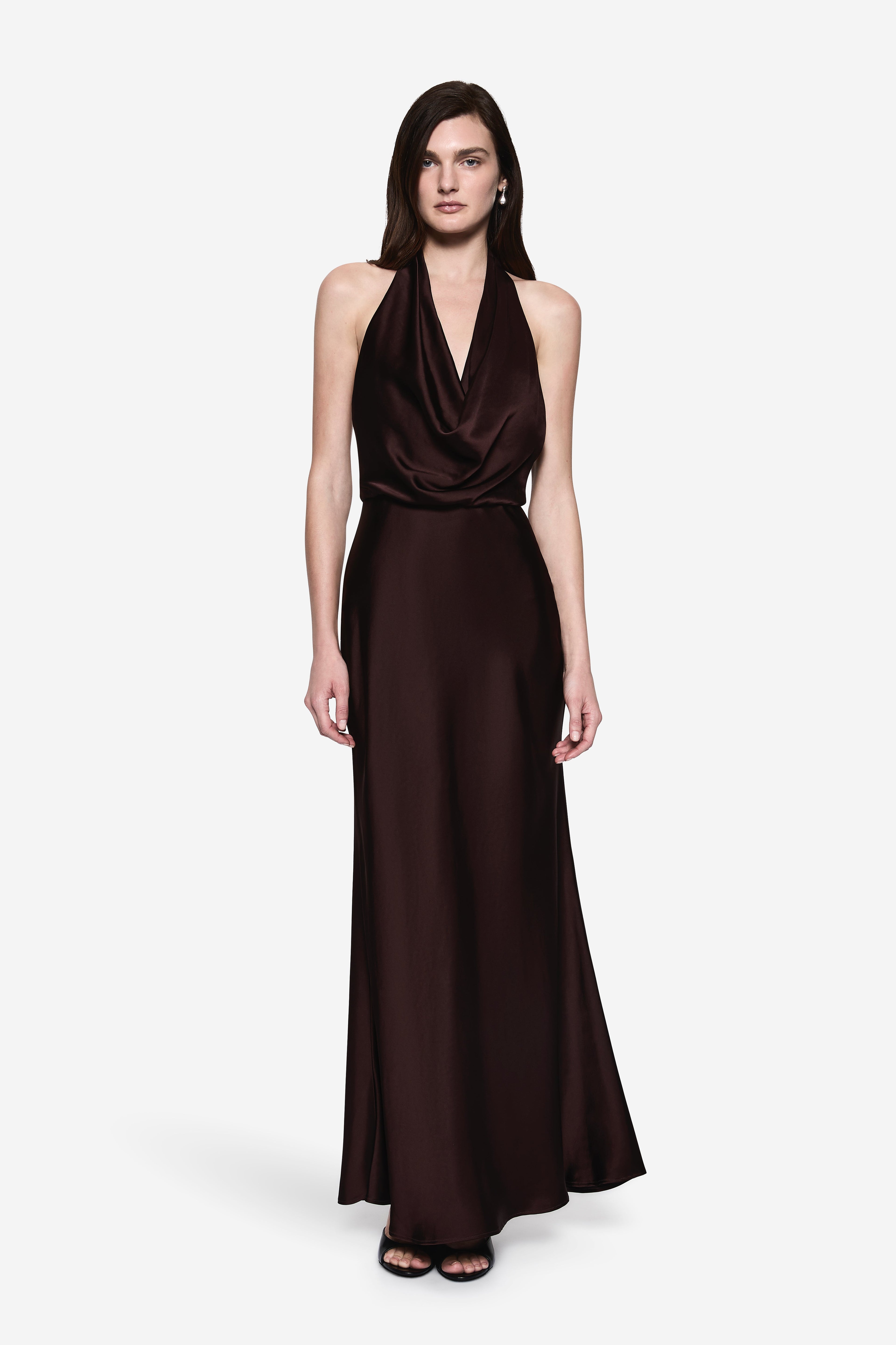 Eggplant cowl neck sleeveless maxi dress with draped bodice and long skirt