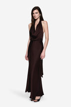 Eggplant cowl neck sleeveless maxi dress with fitted waist and draped neckline