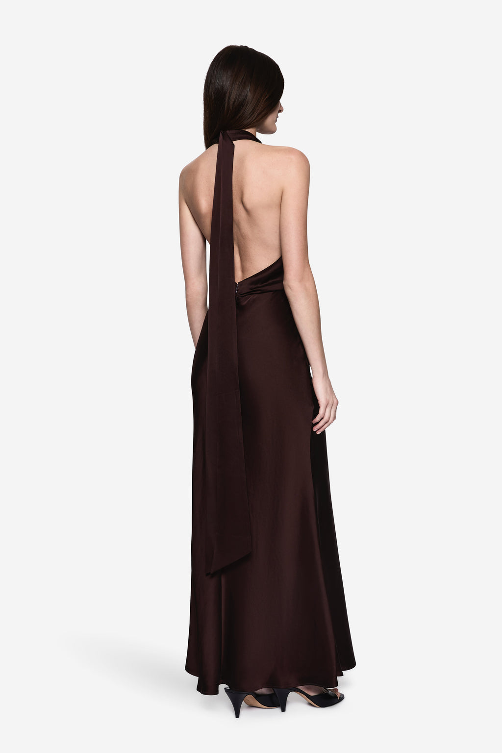 Back view: eggplant cowl neck sleeveless maxi dress with open back and draped fabric