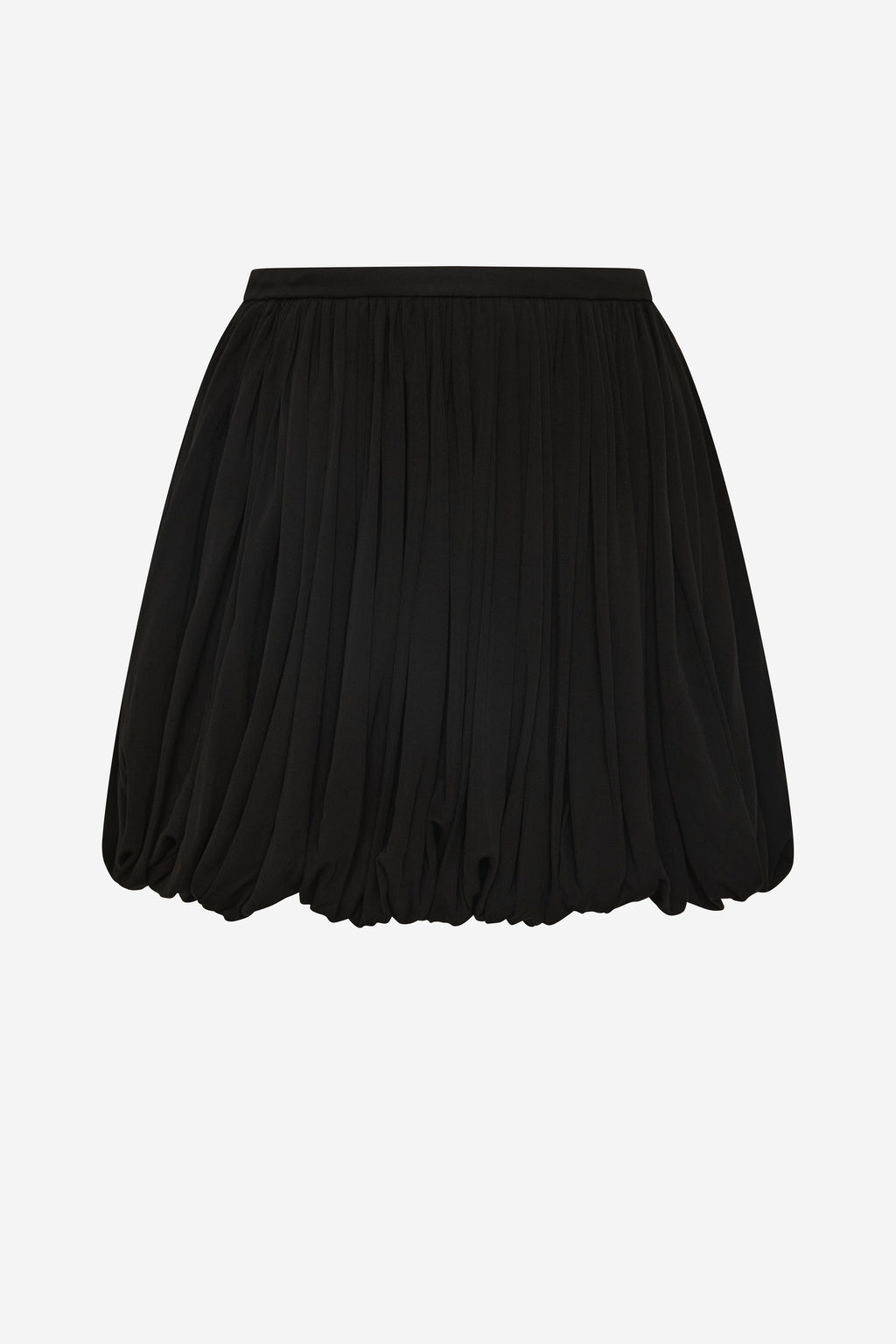 Black bubble mini skirt with elastic waistband and gathered pleats
