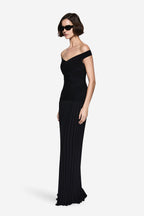 Black off-shoulder bandage knit dress, fitted waist, ribbed floor-length skirt