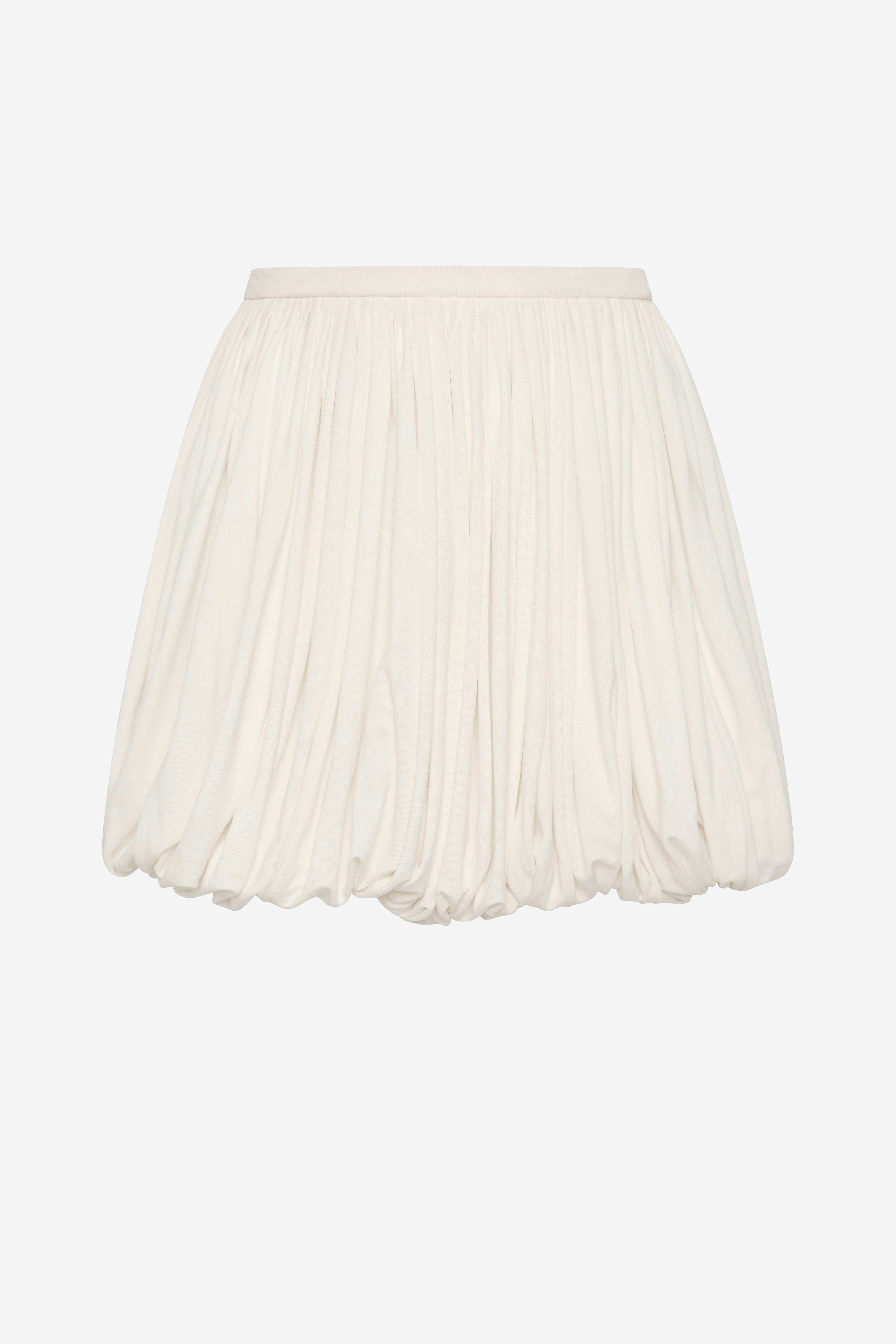 Whisper white bubble mini skirt with elastic waistband and gathered pleats