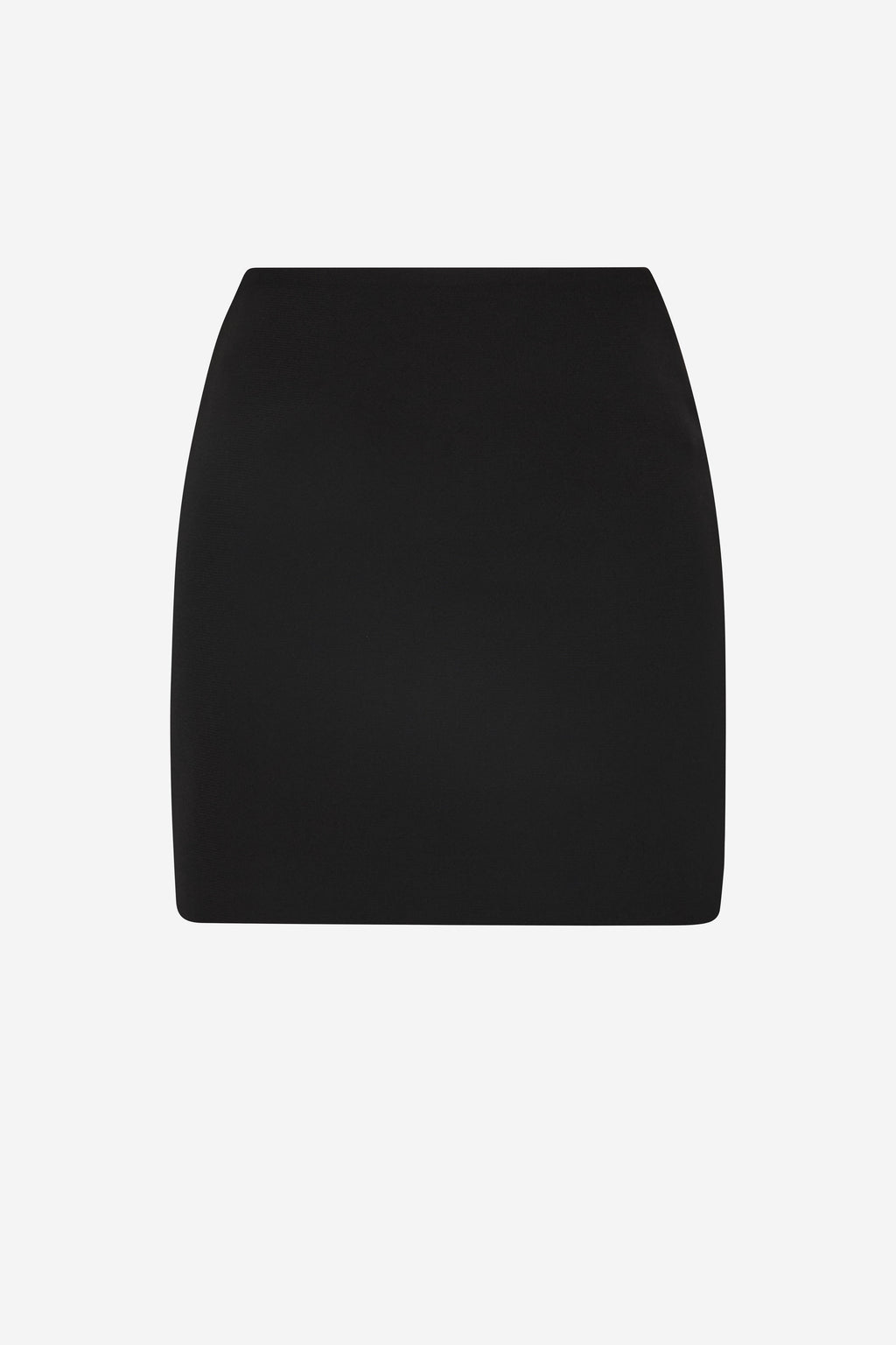 Black fitted mini skirt, smooth straight silhouette, high-waist design