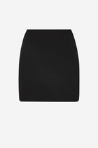 Black fitted mini skirt, smooth straight silhouette, high-waist design
