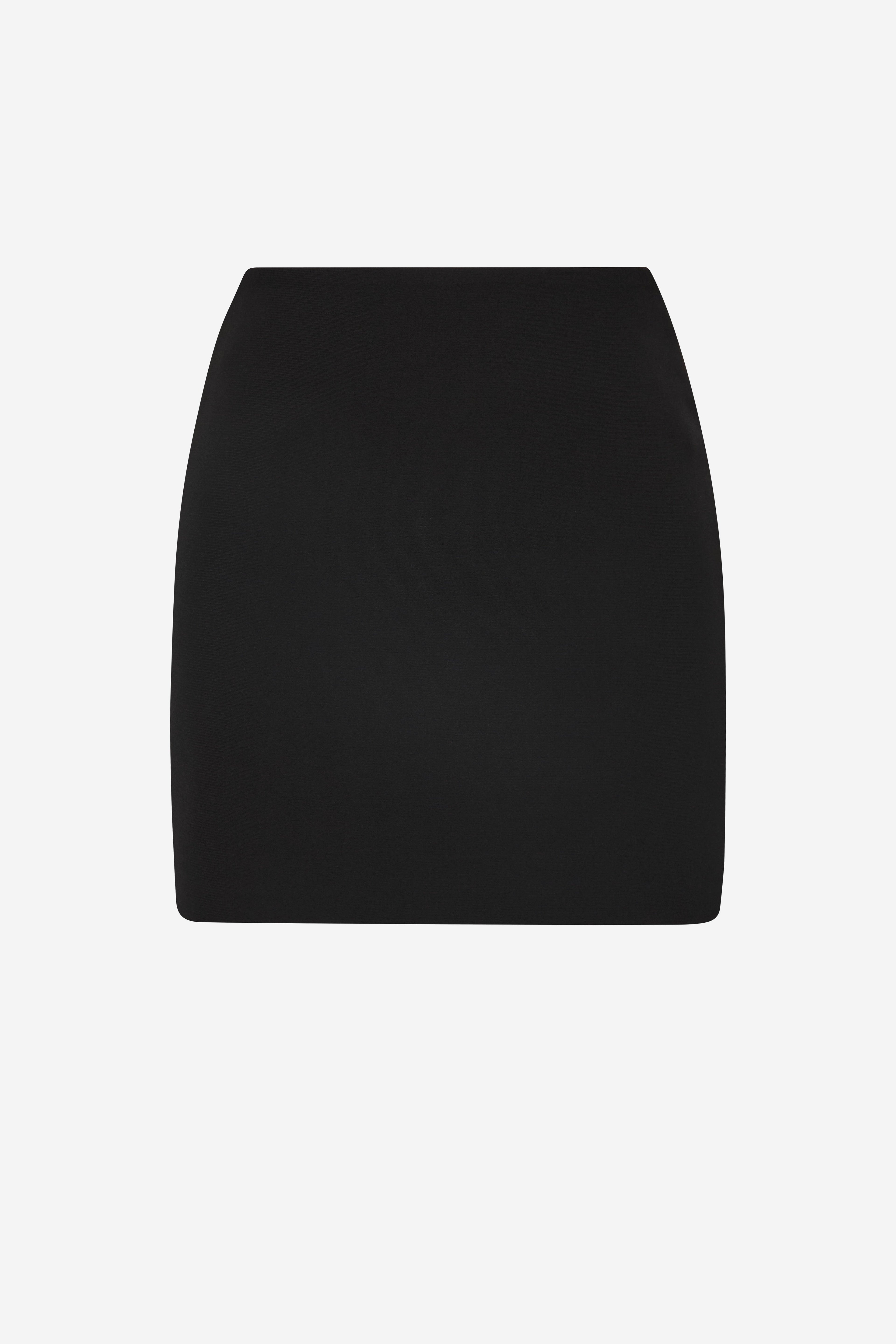 Black fitted mini skirt, smooth straight silhouette, high-waist design