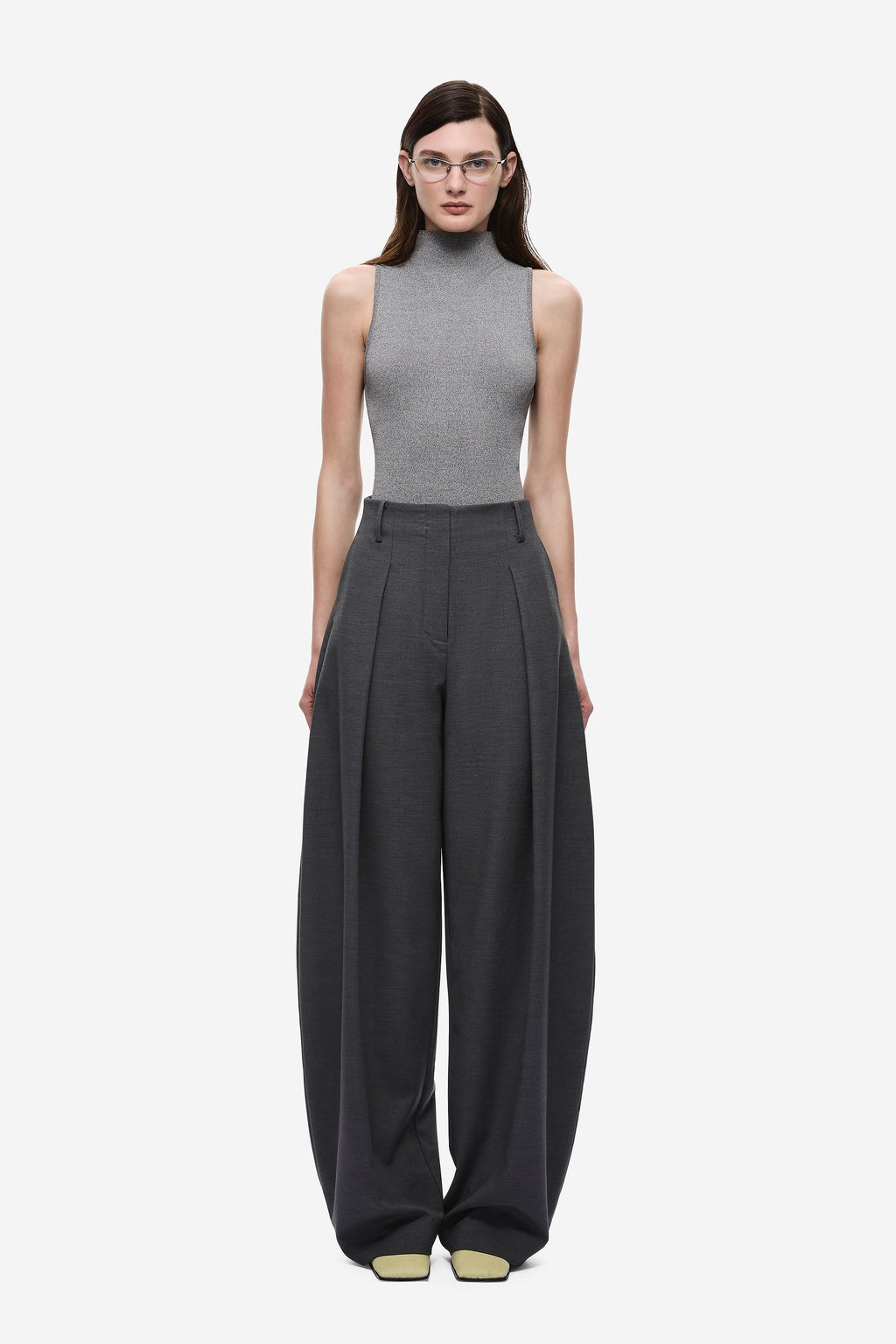 Dark grey high-rise wide-leg pants with pleated front and belt loops