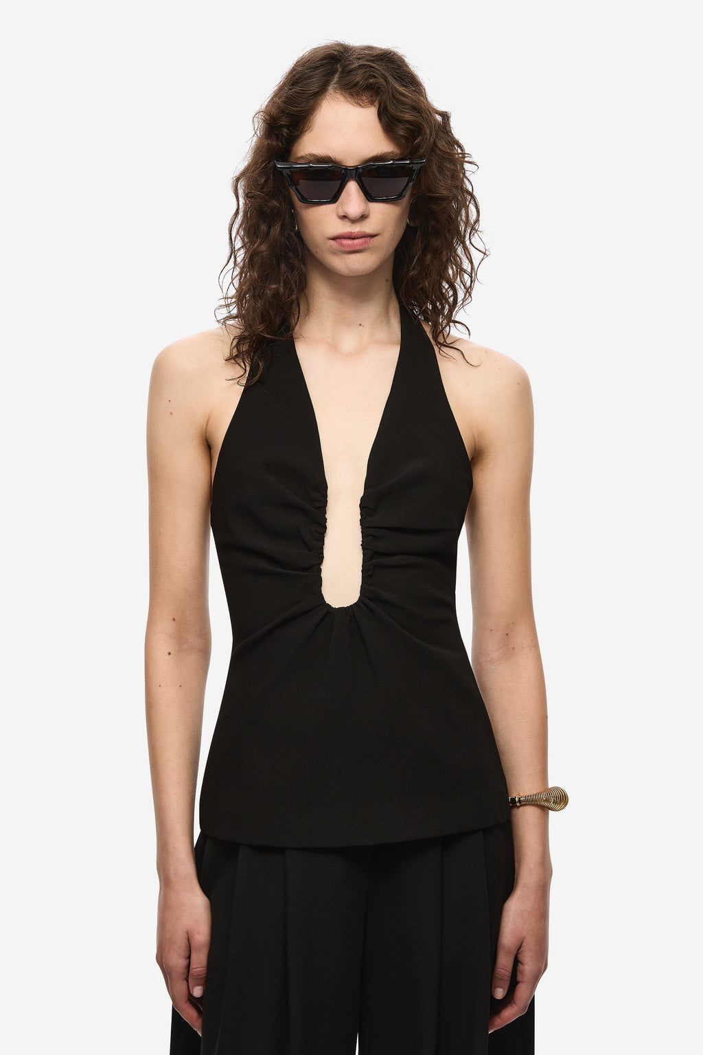 Black sleeveless halter top with keyhole neckline