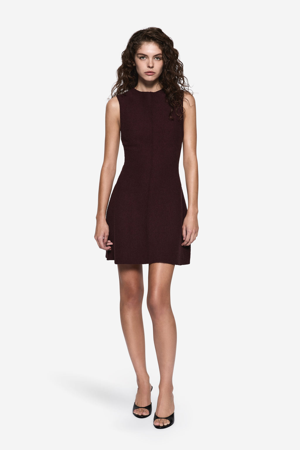 Eggplant sleeveless mini shift dress with high neckline and slim fit