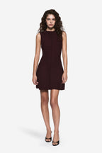 Eggplant sleeveless mini shift dress with high neckline and slim fit