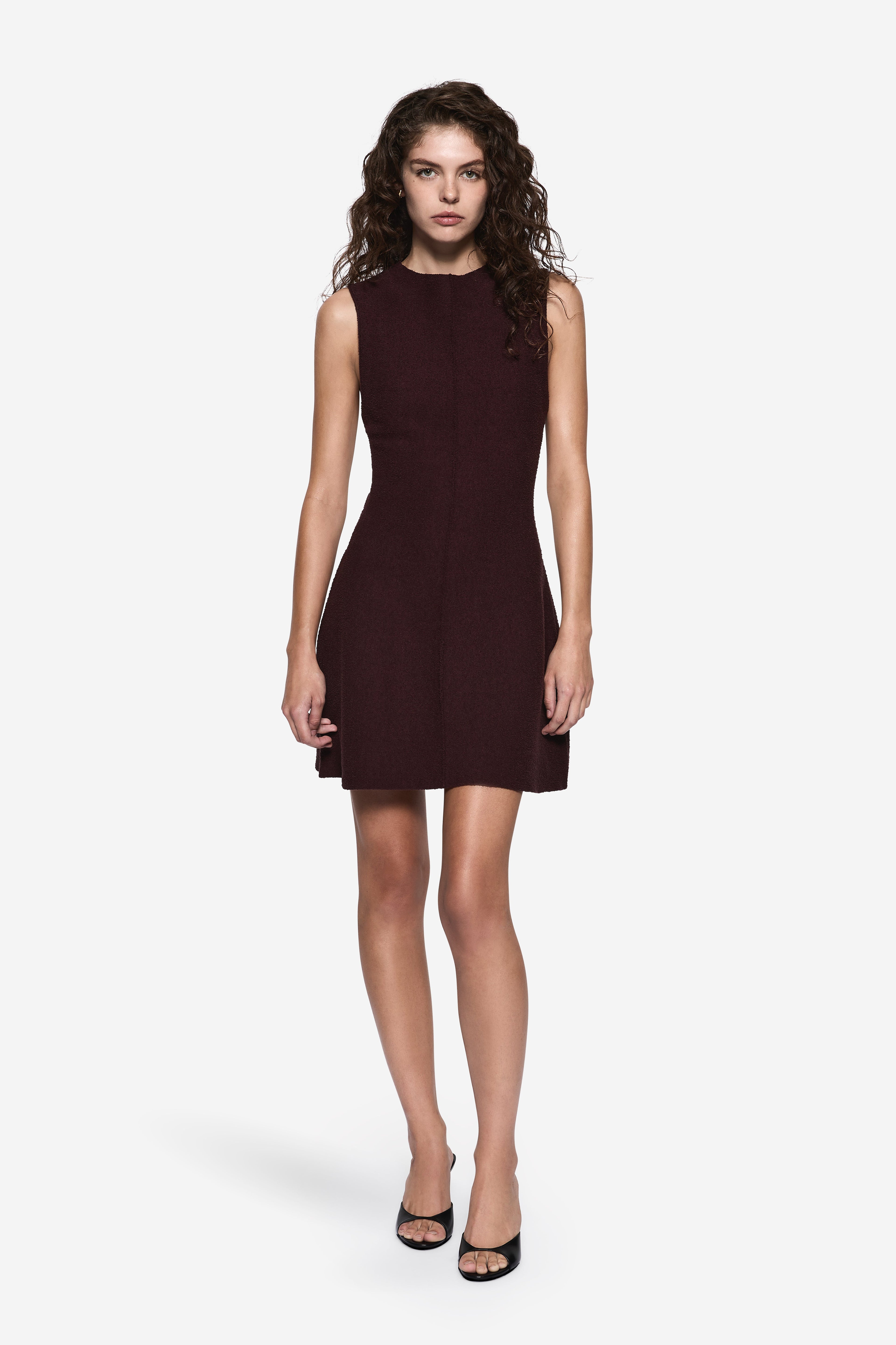 Eggplant sleeveless mini shift dress with high neckline and slim fit