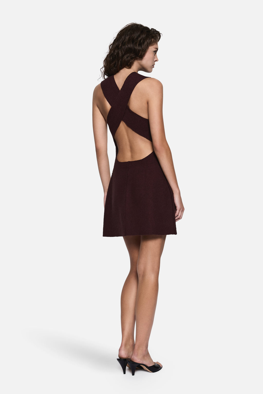 Eggplant boucle sleeveless mini dress with crisscross open back