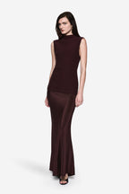 Sleeveless mock-neck contrast dress, eggplant bodice with darker satin skirt panel