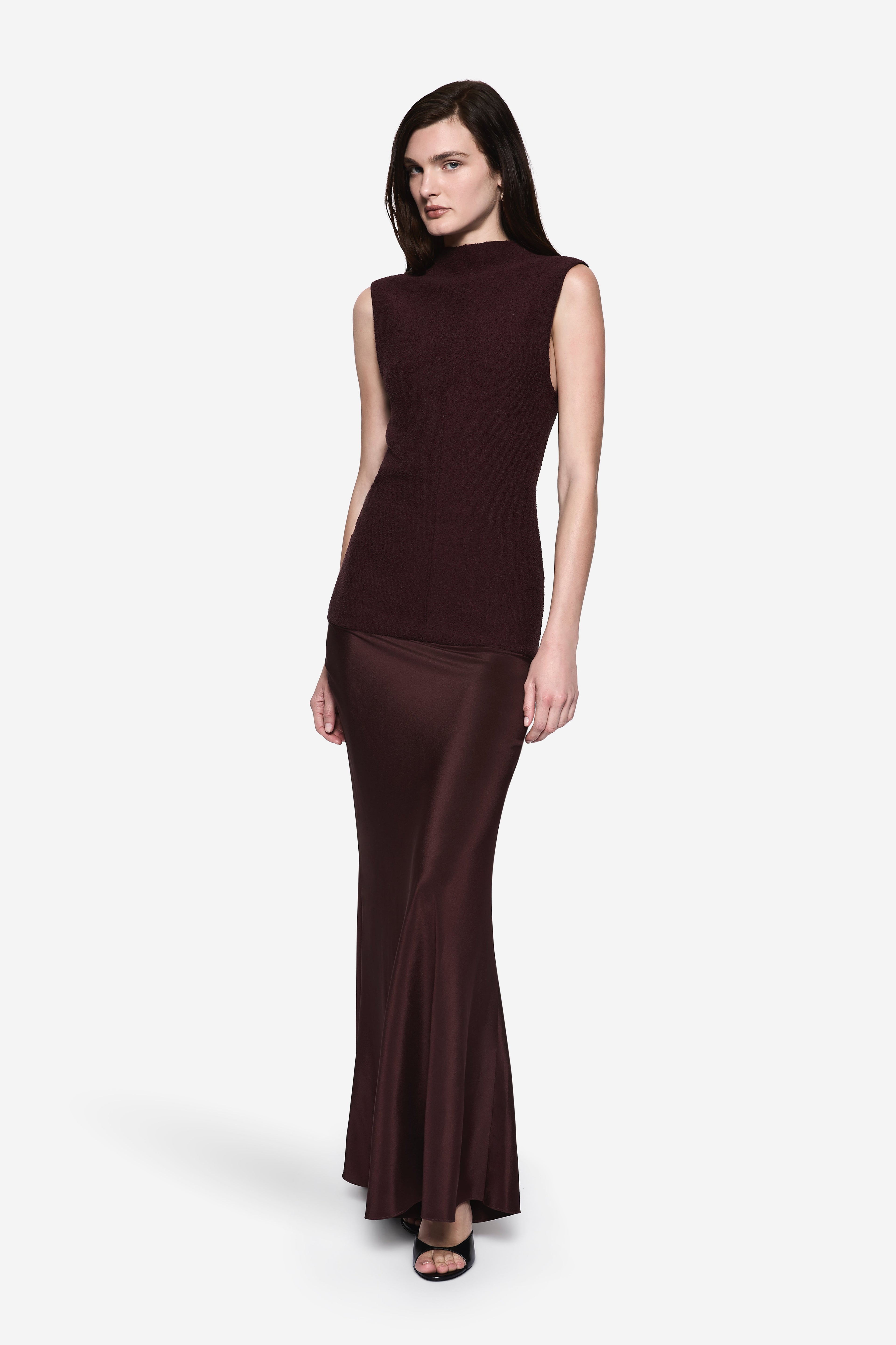 Sleeveless mock-neck contrast dress, eggplant bodice with darker satin skirt panel