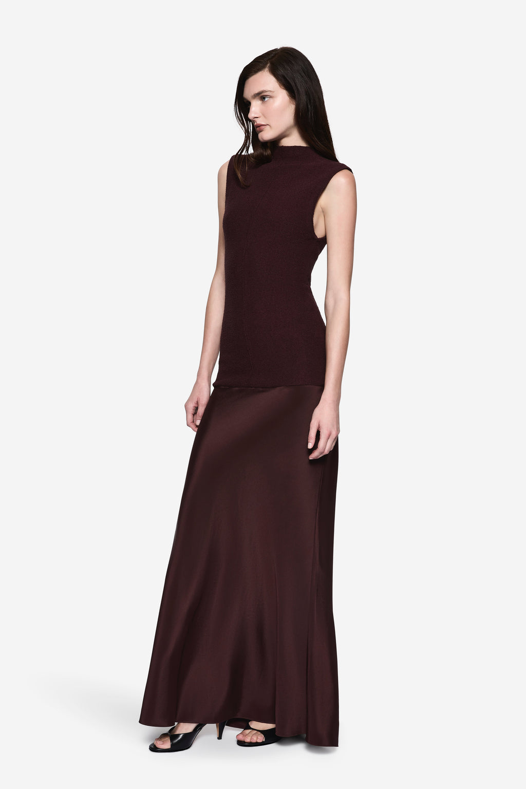 Fitted sleeveless mock-neck contrast dress in eggplant with darker skirt panel