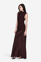 Fitted sleeveless mock-neck contrast dress in eggplant with darker skirt panel