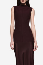 Sleeveless mock-neck contrast dress with eggplant bodice and darker satin yoke