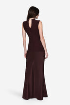 Back of sleeveless mock-neck contrast dress, eggplant with darker panel at waist