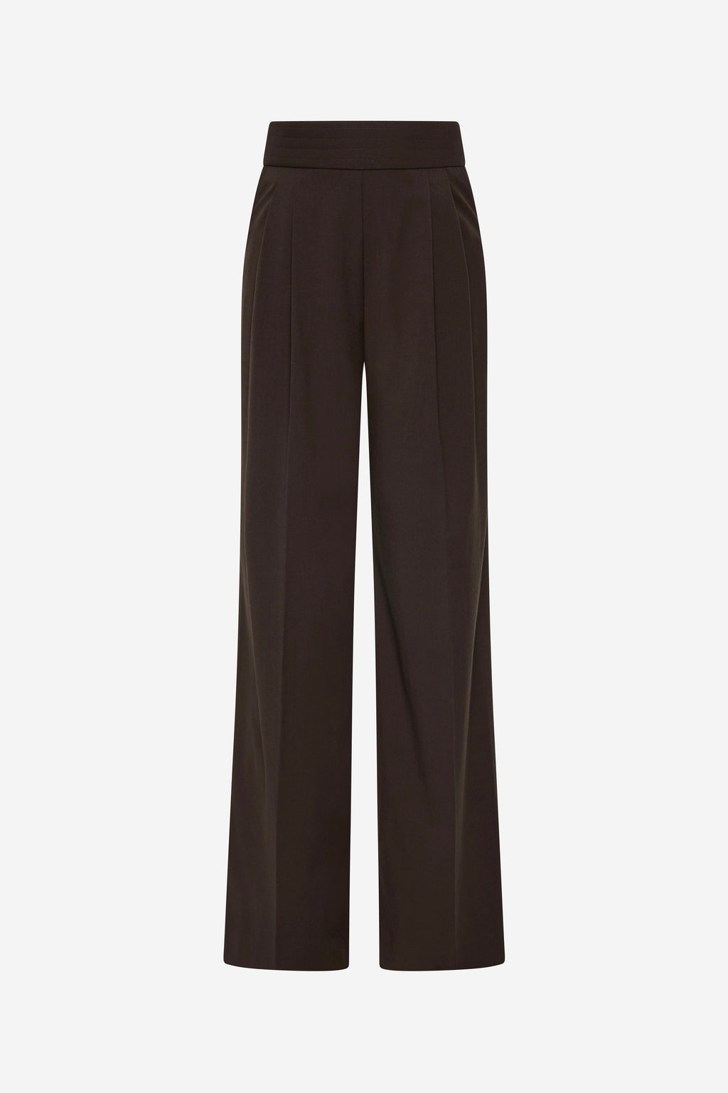 Chocolate two-pleat suiting pants, wide-leg with flat front and waistband