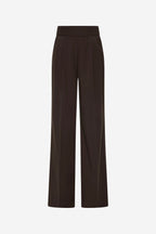 Chocolate two-pleat suiting pants, wide-leg with flat front and waistband