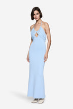 Pastel blue knit maxi dress with crisscross halter neckline and keyhole cutout