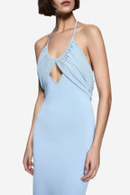 Pastel blue knit halter dress with pleated bust and keyhole neckline cutout