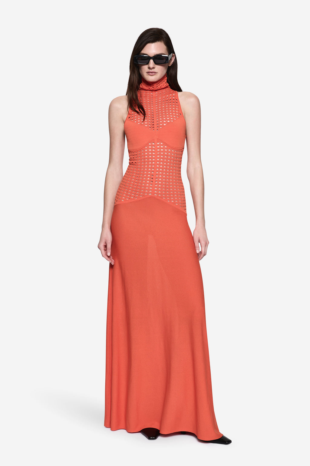 Spicy orange knit maxi dress with sleeveless high neck and dotted open-knit pattern