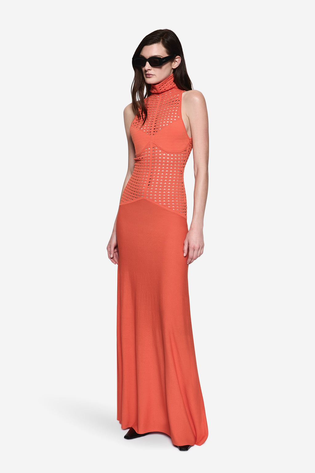 Spicy orange sleeveless knit maxi dress with high neck and allover perforated pattern