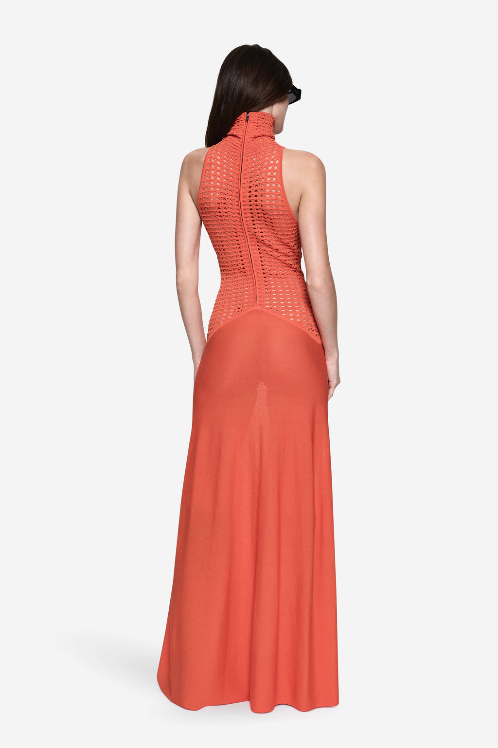 Spicy orange knit maxi dress back view, sleeveless high neck with open-knit detail