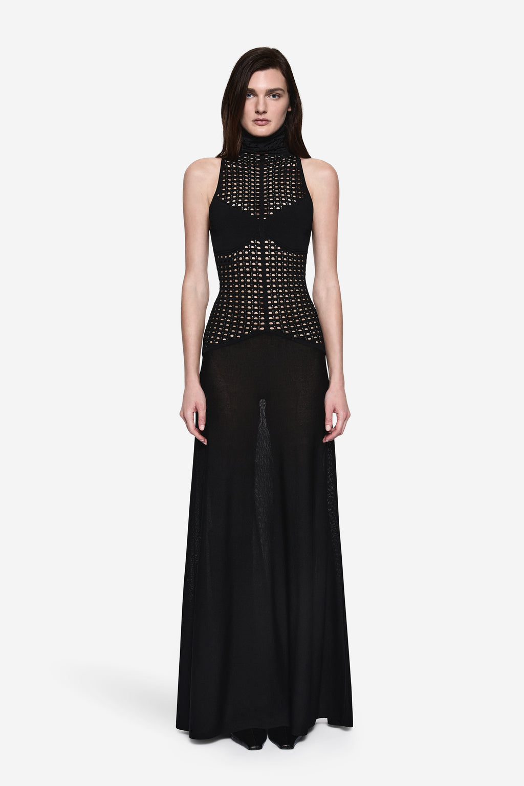 Black sleeveless knit maxi dress with high neck and studded mesh panel
