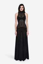 Black sleeveless knit maxi dress with high neck and studded mesh panel