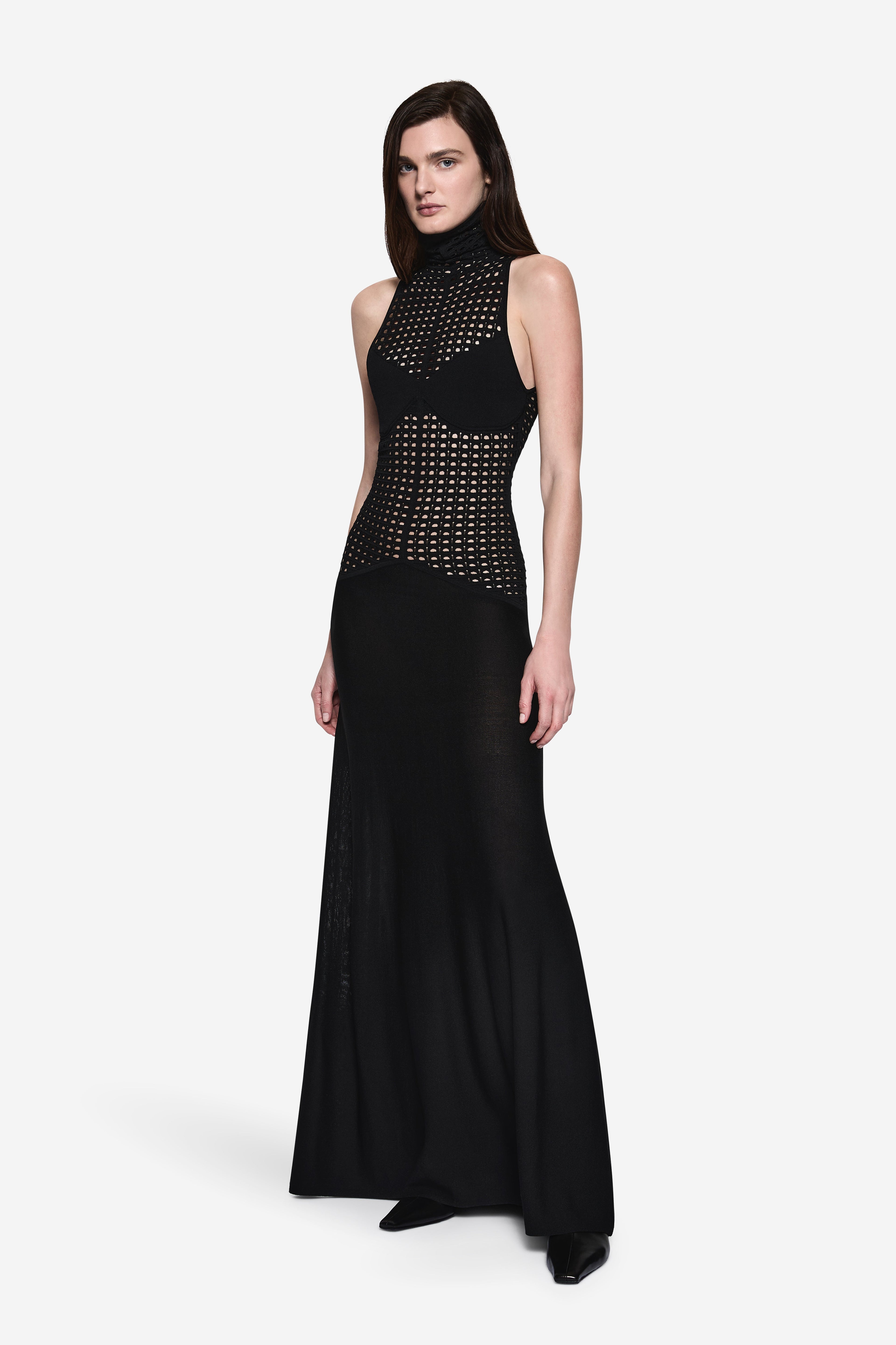 Black sleeveless knit maxi dress with high neck and diamond stud detail