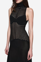 Black sleeveless high-neck knit dress with dotted studded lattice bodice