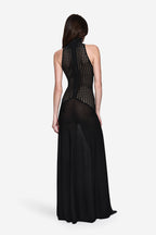 Black sleeveless knit maxi dress with high neck and back mesh stud panel