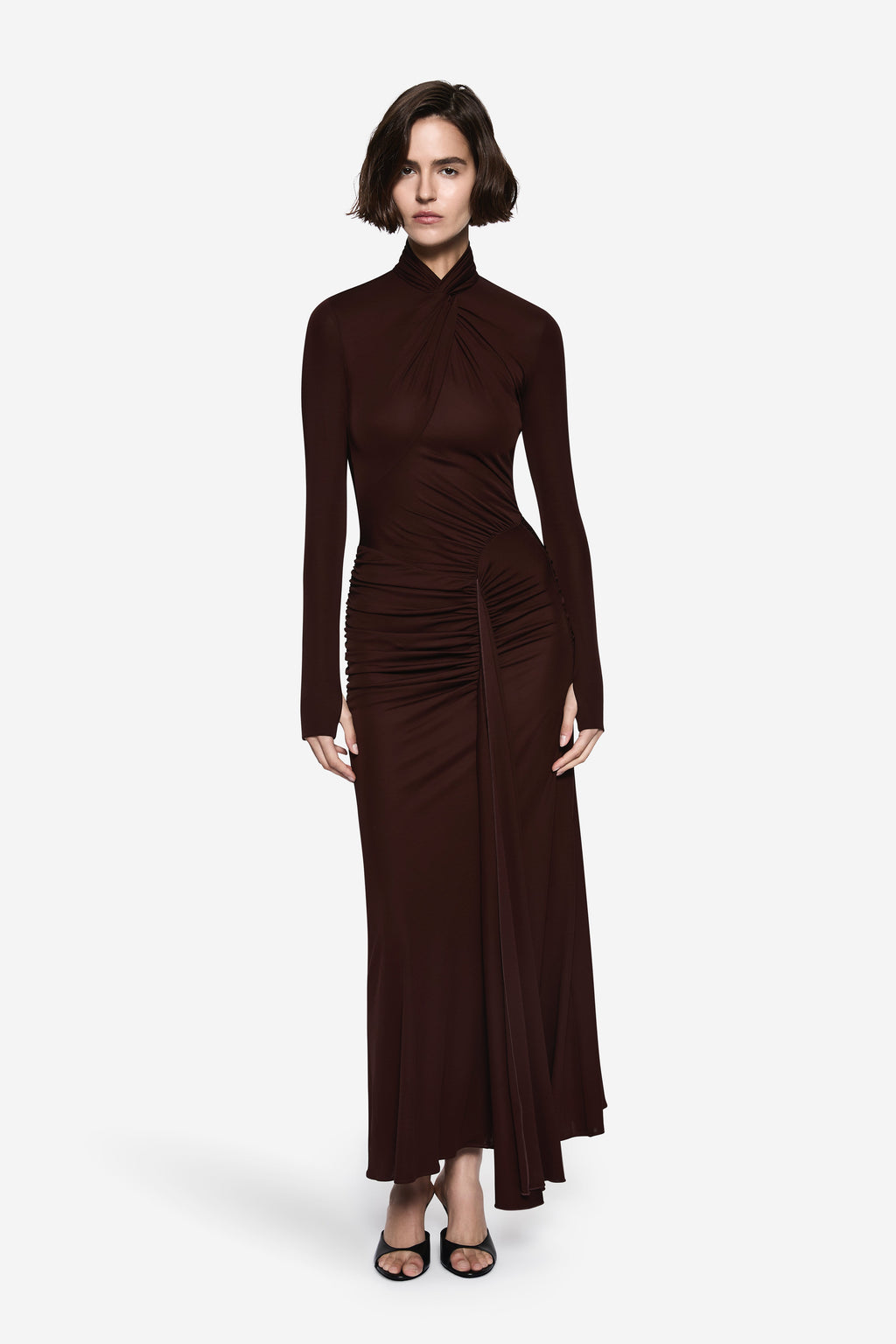 Dark brown twist jersey long-sleeve maxi dress with high neck and ruched front