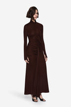 Dark brown twist jersey long-sleeve maxi dress, high neck with gathered waist ruching