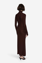Dark brown twist jersey maxi dress with high neck, long sleeves, and ruched back detail