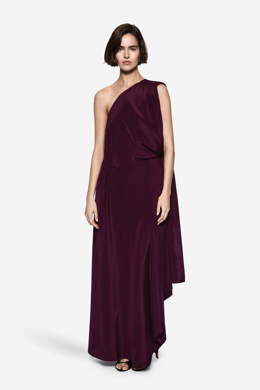 Silk kaftan gown in eggplant purple, draped one-shoulder neckline, sleeveless