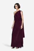 Silk kaftan gown, asymmetrical draped one-shoulder with side slit and flowing skirt