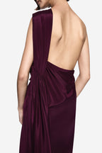 Silk kaftan gown back view, open low back with gathered fabric at the waist