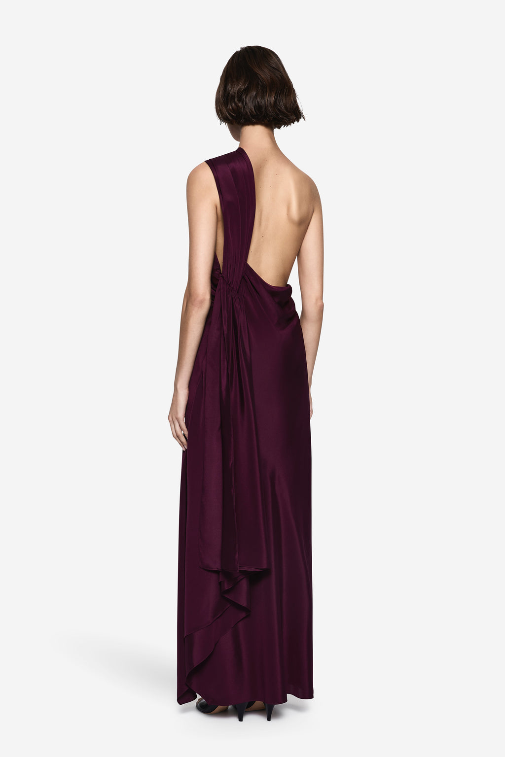 Silk kaftan gown, open back with draped halter straps and knotted waist detail