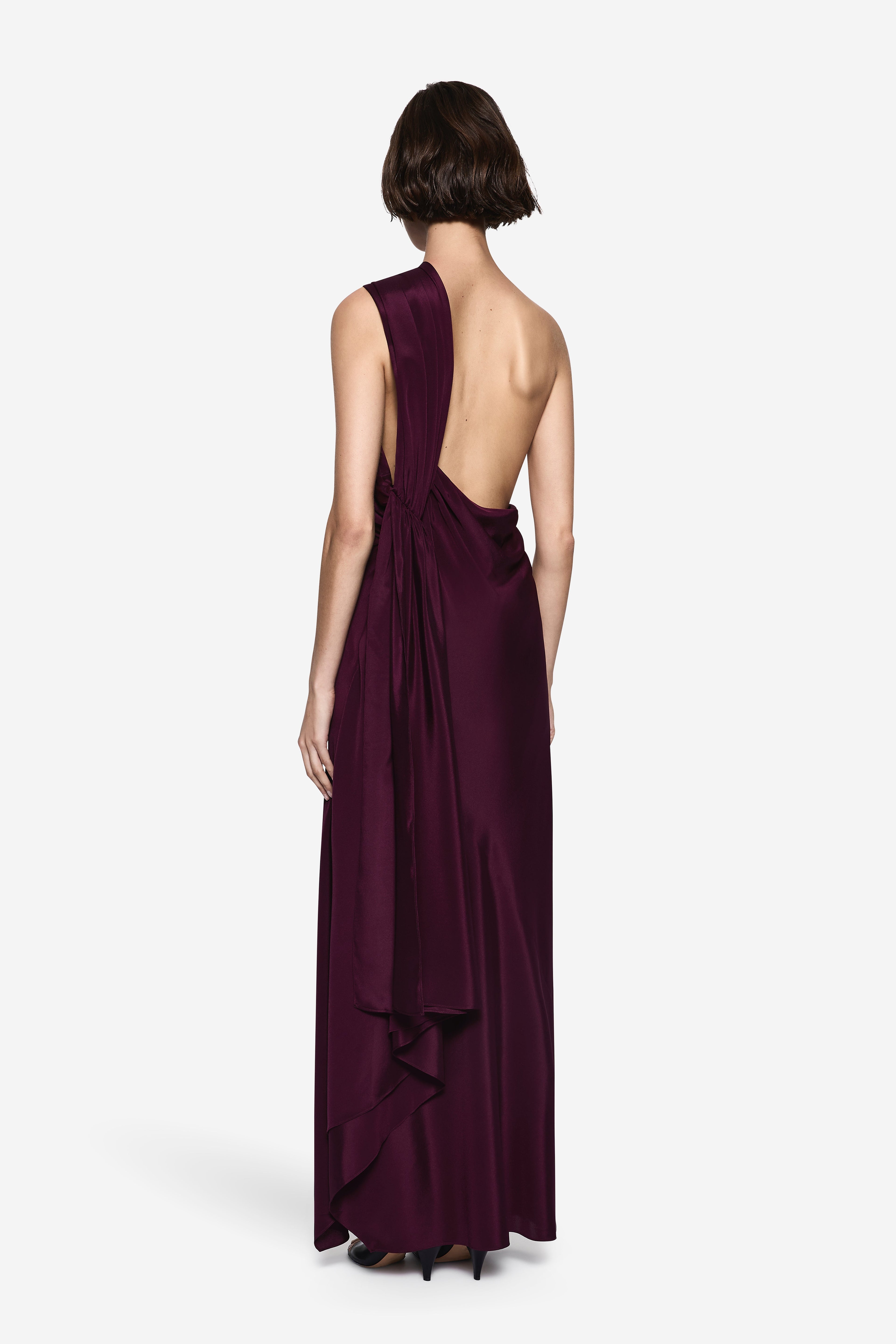 Silk kaftan gown, open back with draped halter straps and knotted waist detail