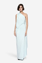 Aqua silk halter gown with one-shoulder drape and floor-length skirt