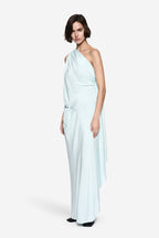 Aqua silk halter gown with draped side panel and long flowing skirt
