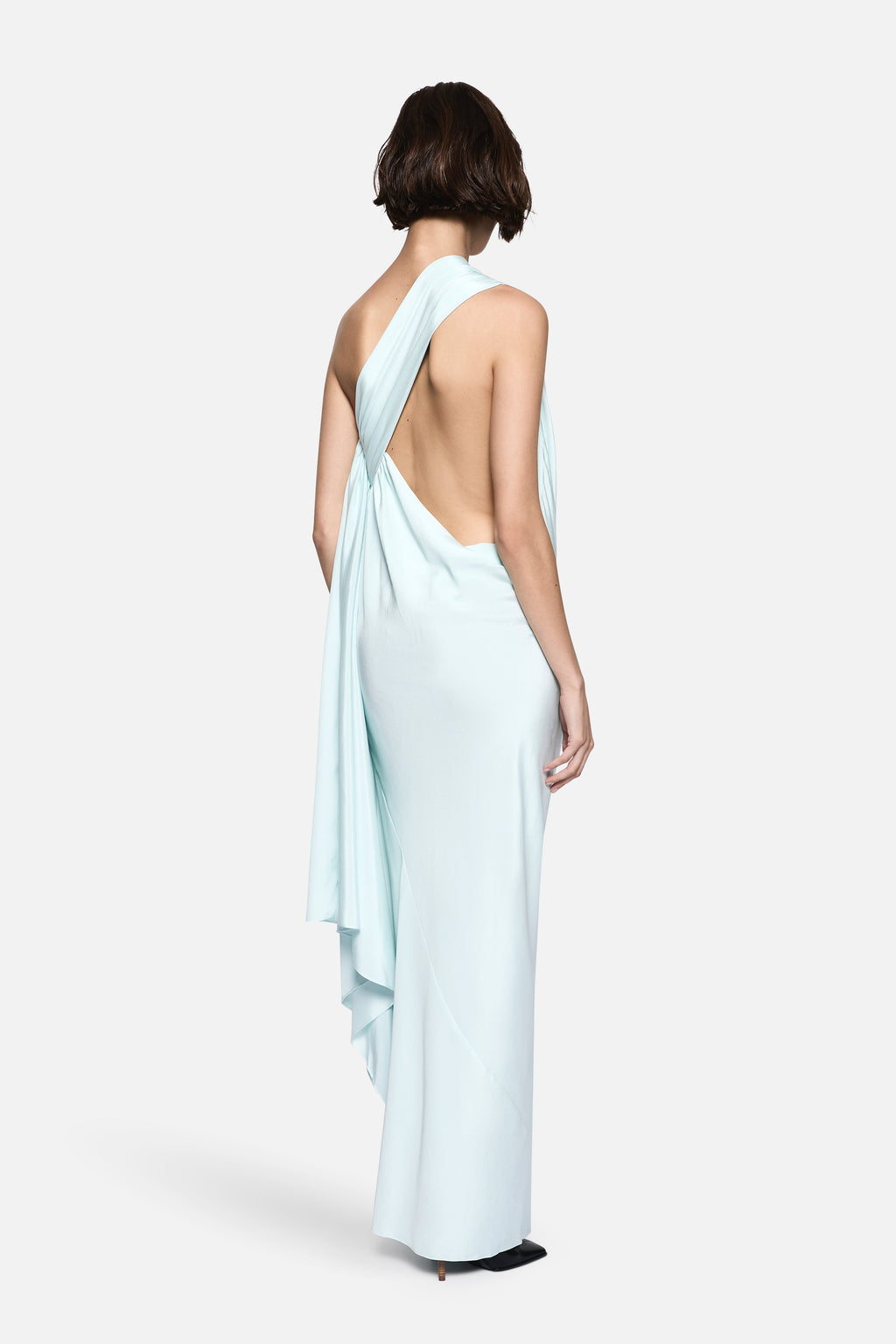 Aqua silk halter gown with draped back and open scoop back