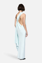 Aqua silk halter gown with draped back and open scoop back