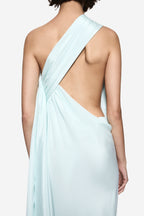Backless aqua silk halter gown with open scoop back and crossed straps