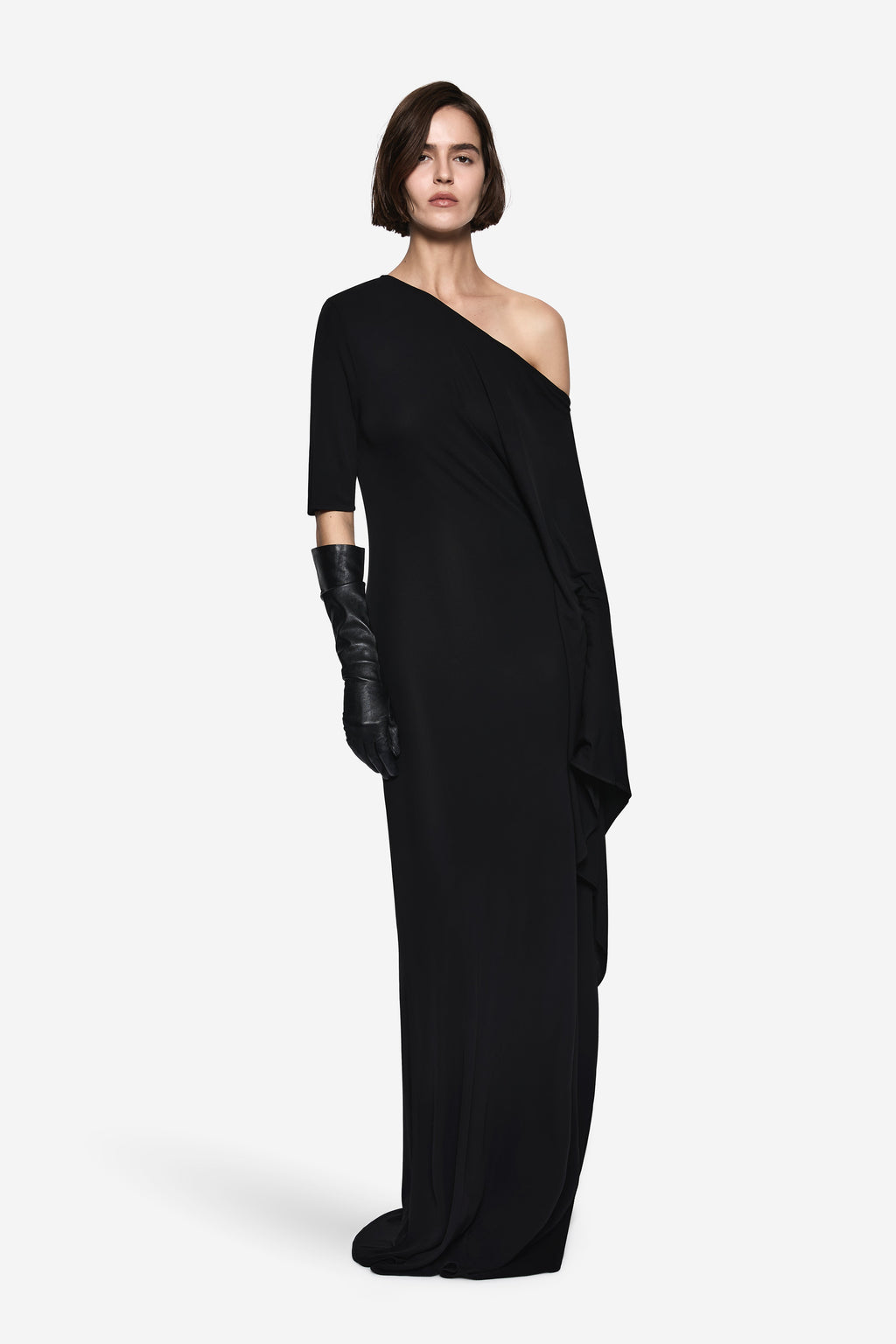 Black one-shoulder jersey maxi dress with long sleeve and draped side detail