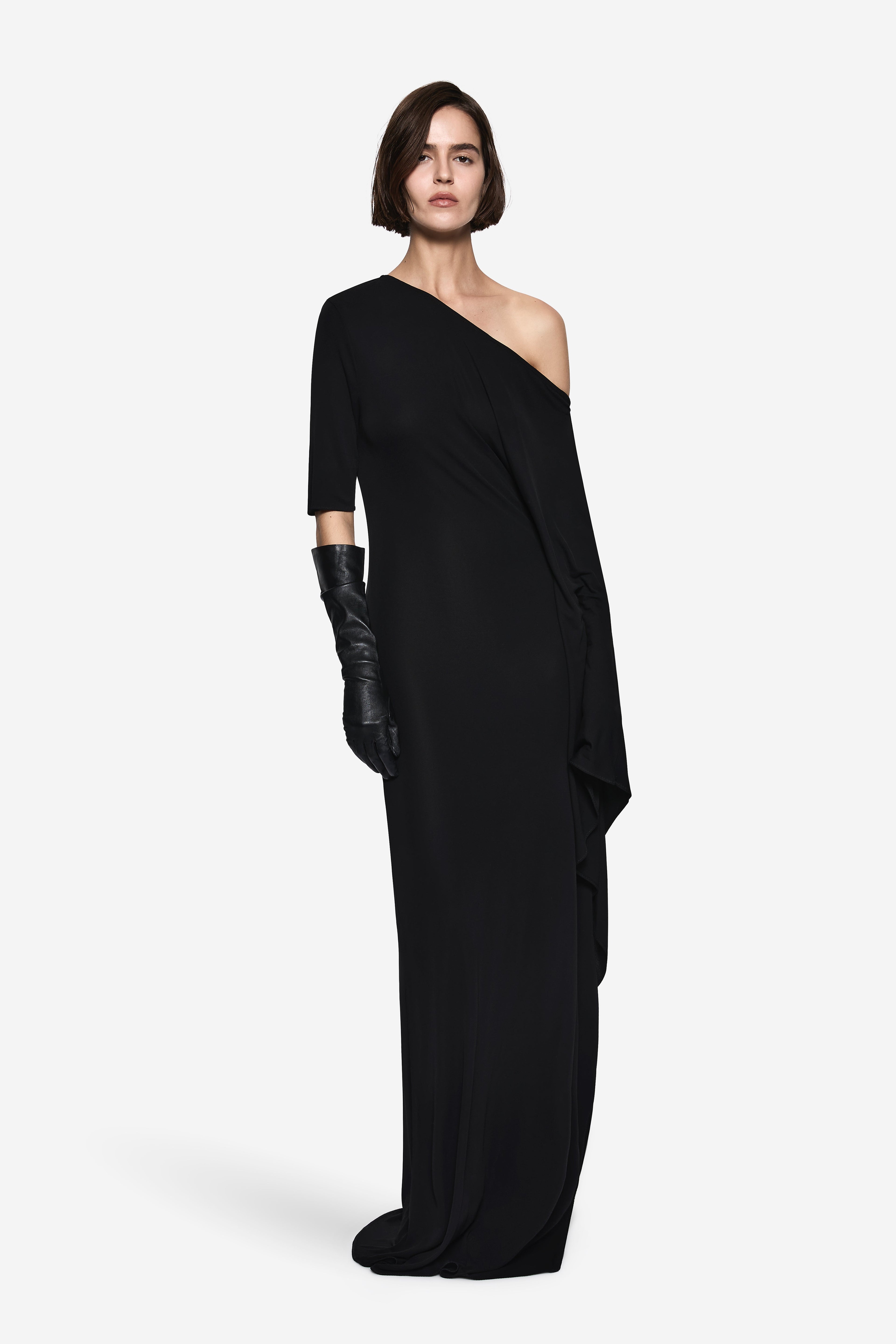 Black one-shoulder jersey maxi dress with long sleeve and draped side detail