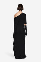 Black one-shoulder jersey maxi dress, back view with draped asymmetrical neckline