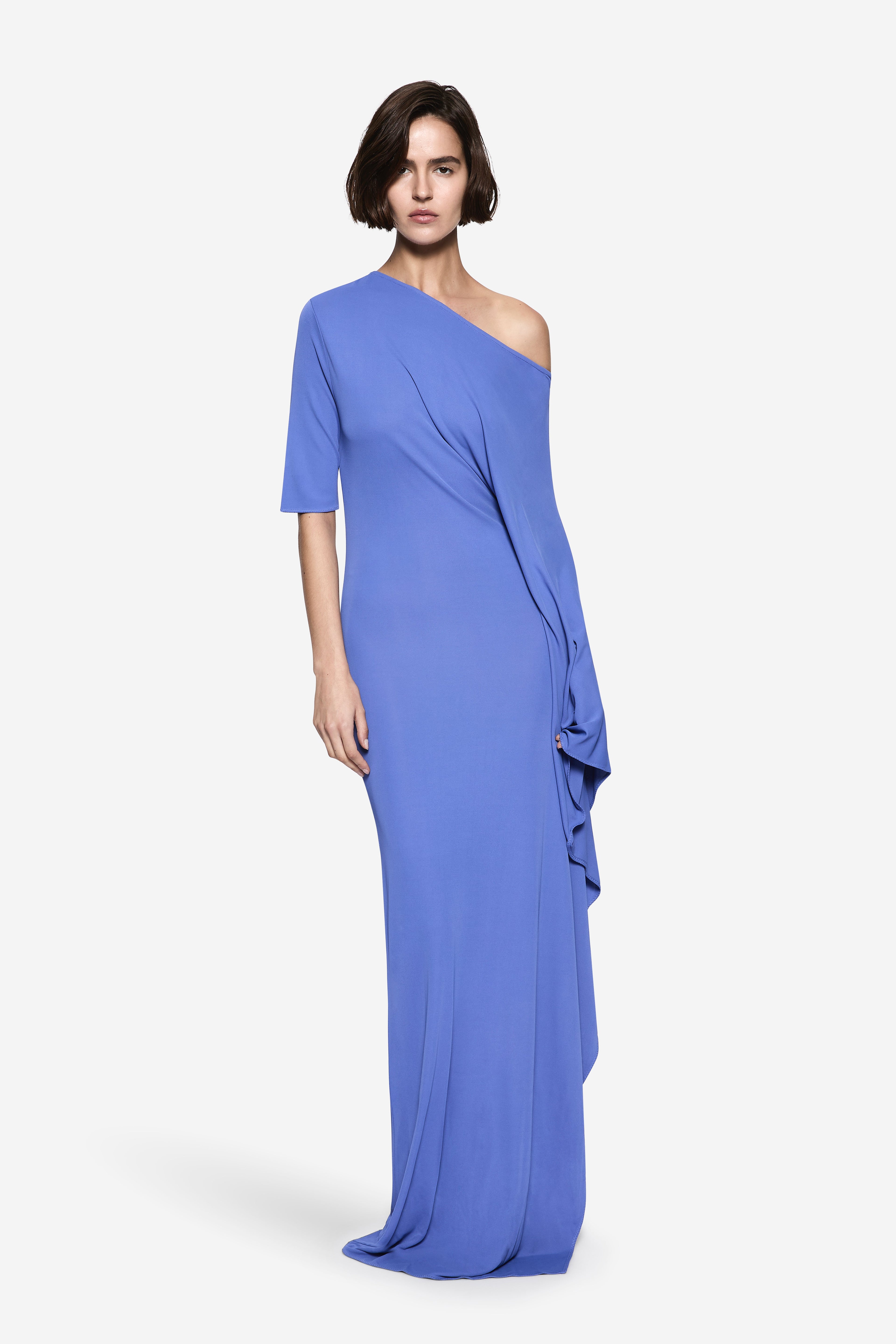 Blue one-shoulder jersey maxi dress with draped side and asymmetric hem